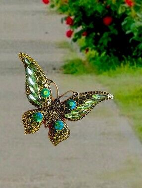 Rhinestone Peridot Butterfly Brooch